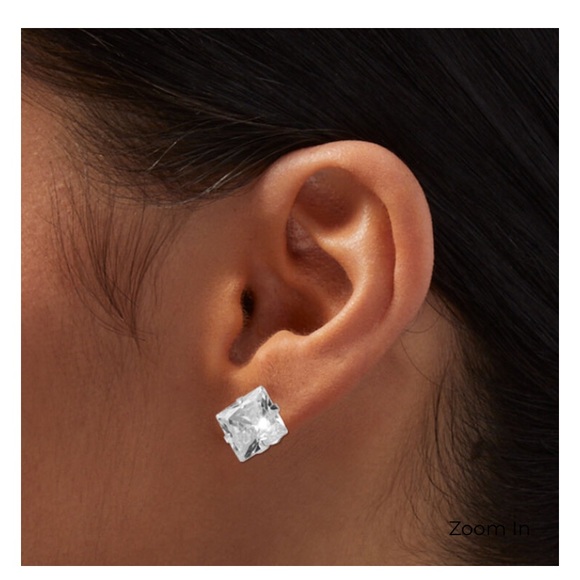 💗 Hypoallergenic EXTRA BLING PRINCESS CUT CUBIC ZIRCONIA EARRINGS 10mm NEW - Picture 3 of 5